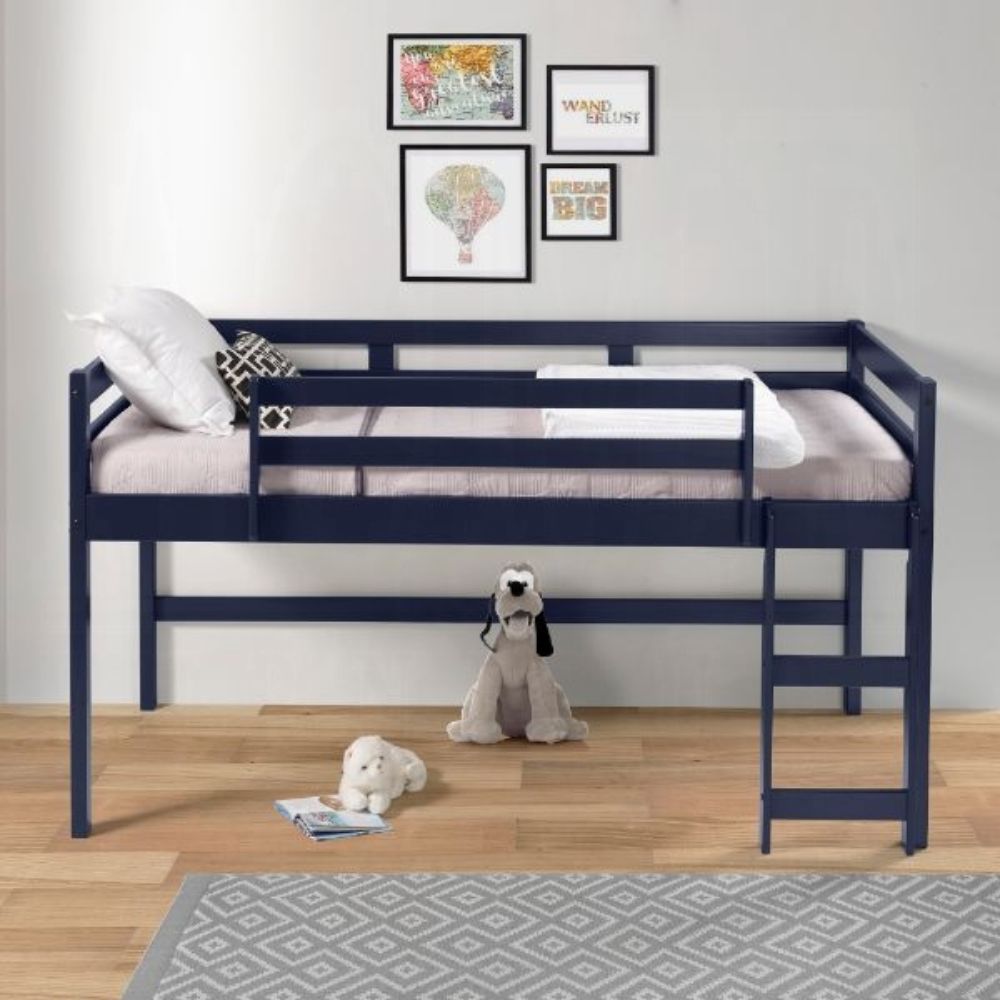 Aaron Lara Twin Size Navy Blue Loft Bed – Wooden Frame with Safety Rails & Ladder