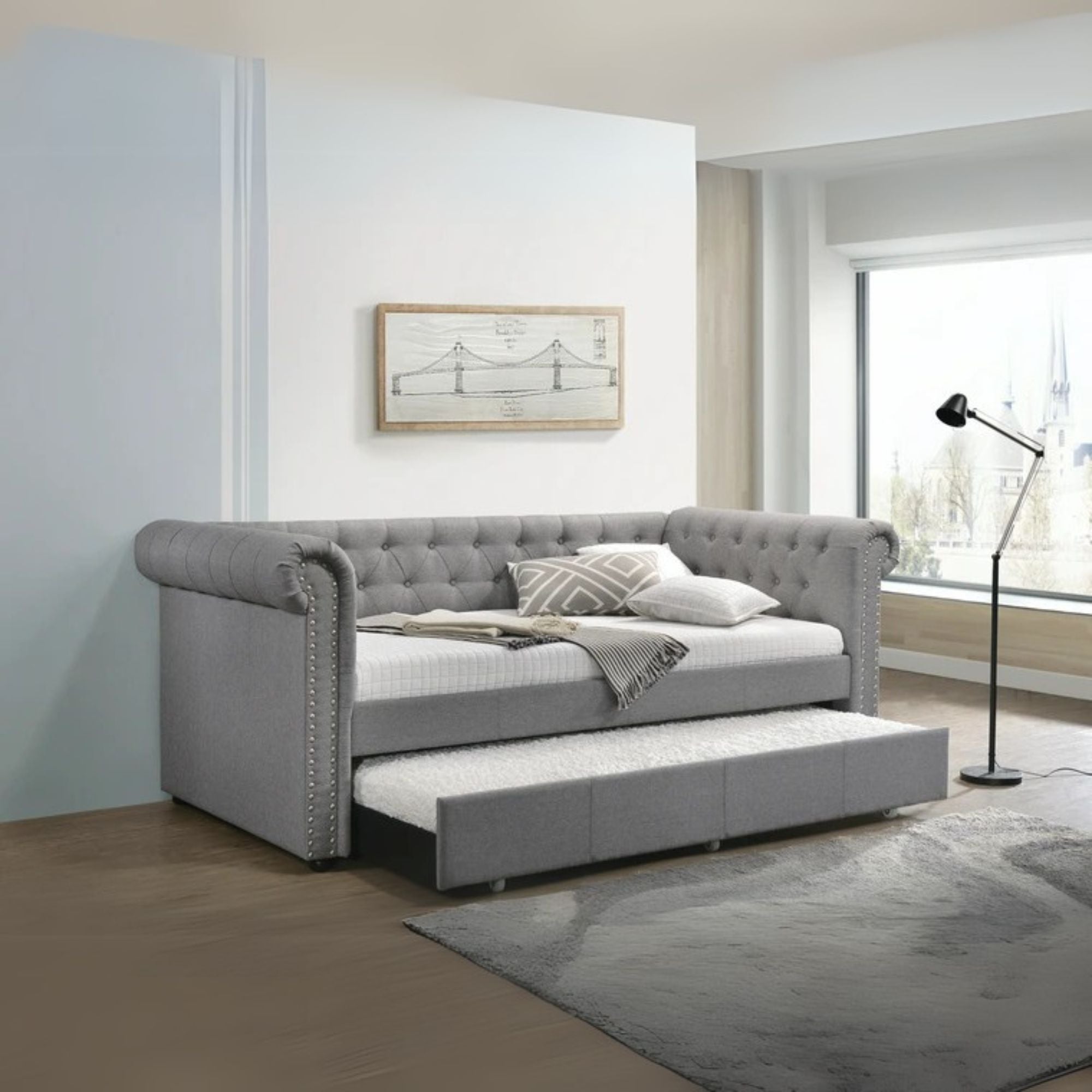 Caleb Justice Twin Upholstered Daybed – Smoke Gray Fabric with Pull-Out Trundle Bed