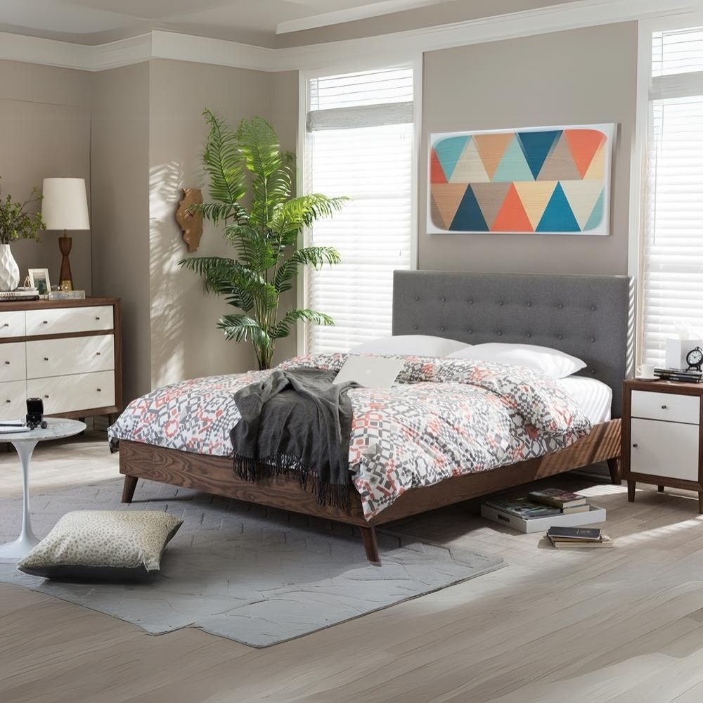 Teagan Alinia Full Size Platform Bed Grey Fabric Walnut Wood