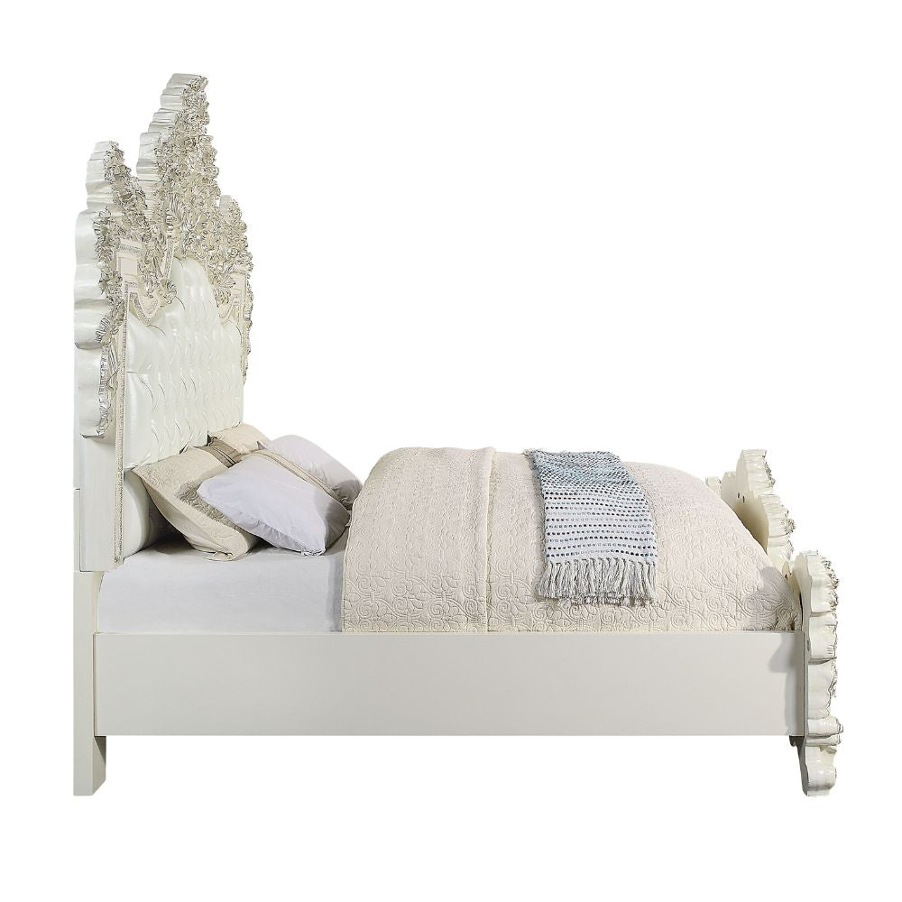 Carter Adara Collection Eastern King Bed Pearl White – Antique White Finish & Tufted Upholstery