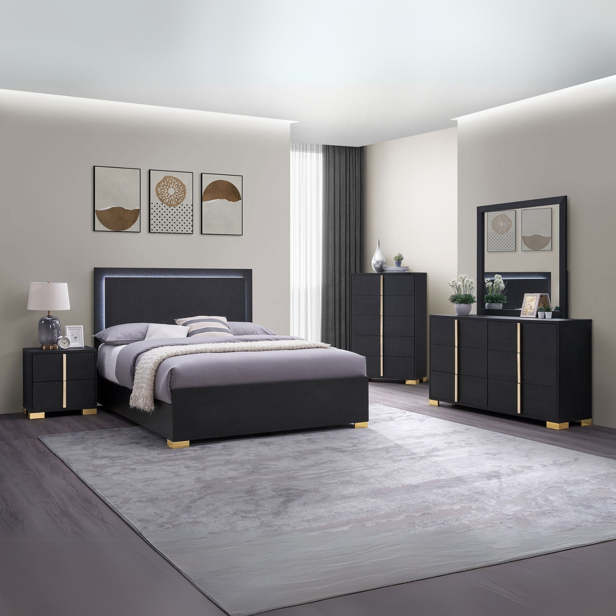 Celine Marceline Eastern King Black Melamine Platform Bed – Modern LED Lighting with Gold Accent Feet