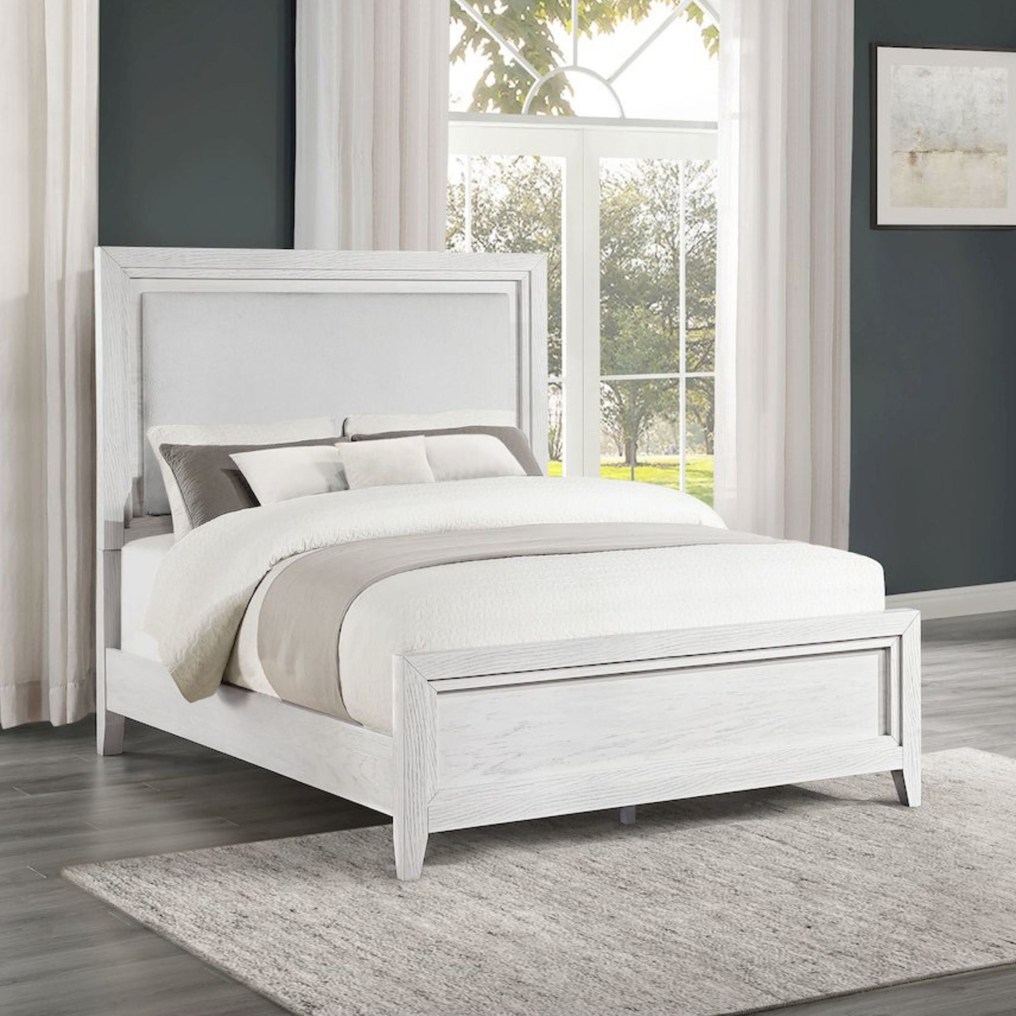 Hiro Marielle Eastern King LED Panel Bed Distressed White Finish – Contemporary Wood Frame with Fabric Headboard