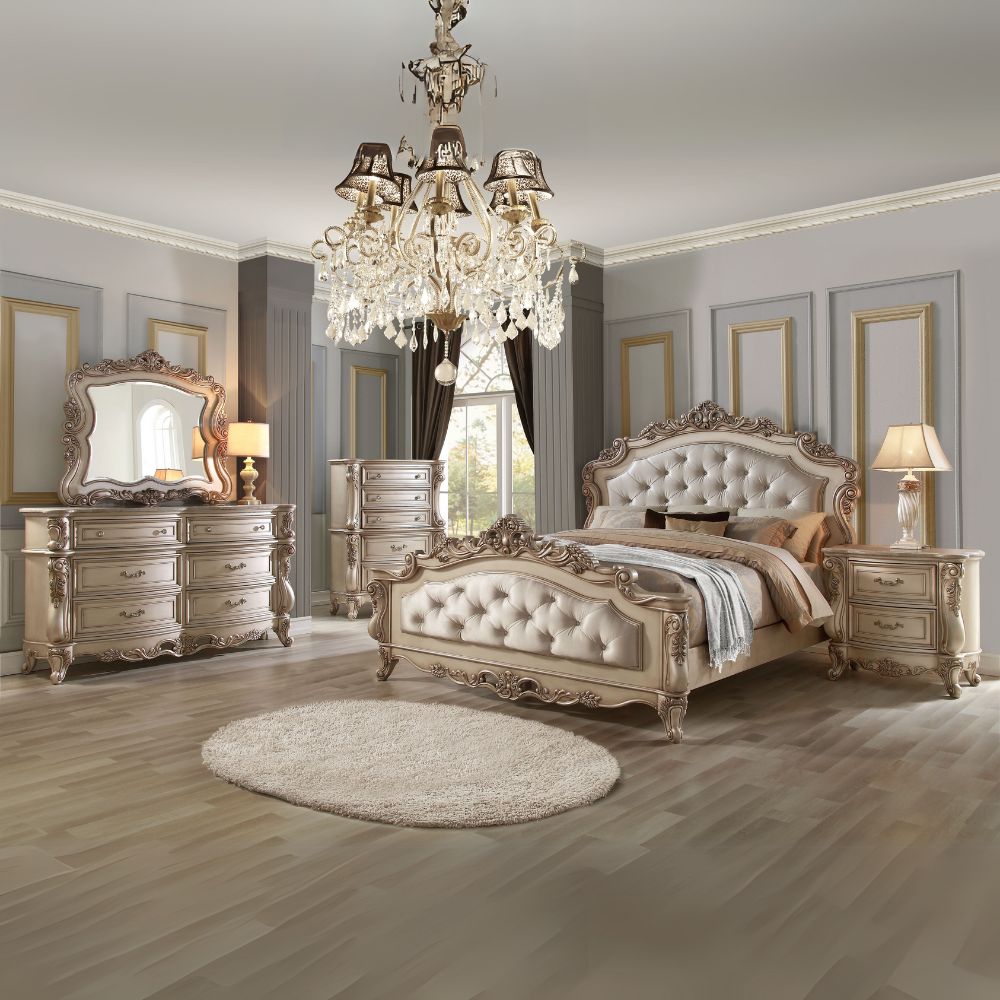 Provincial Gorsedd Queen Fabric Wooden Bed – Traditional Golden Ivory with Decorative Carvings