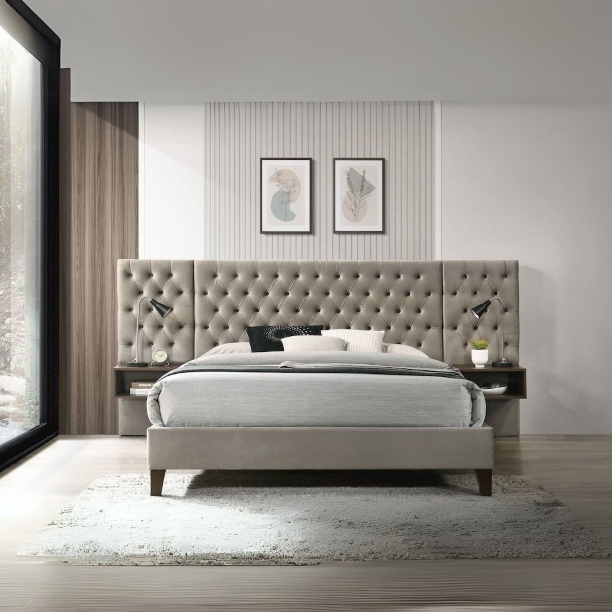 Radhe Marley Eastern King Light Brown Upholstered Platform Bed Modern Wall Mounted Bed with Floating Nightstand Panels