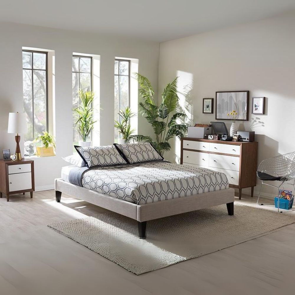 Lancashire Full Size Beige Linen Upholstered Modern Frame with Tapered Legs