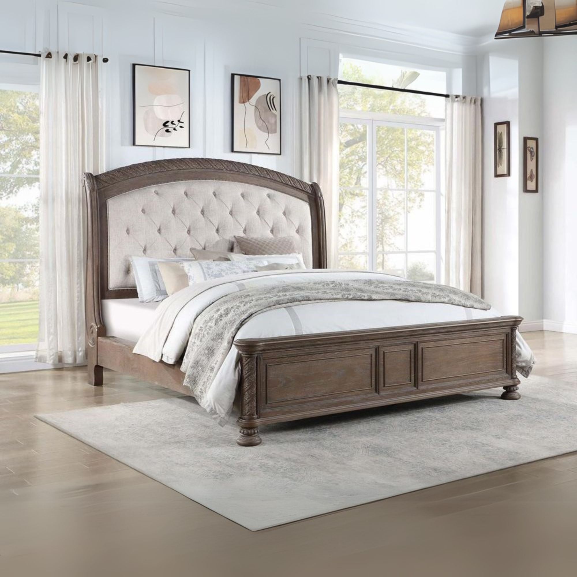 Opulence Emmett Queen Walnut Wood Panel Bed with Beige Tufted Headboard – Traditional Style Low-Profile