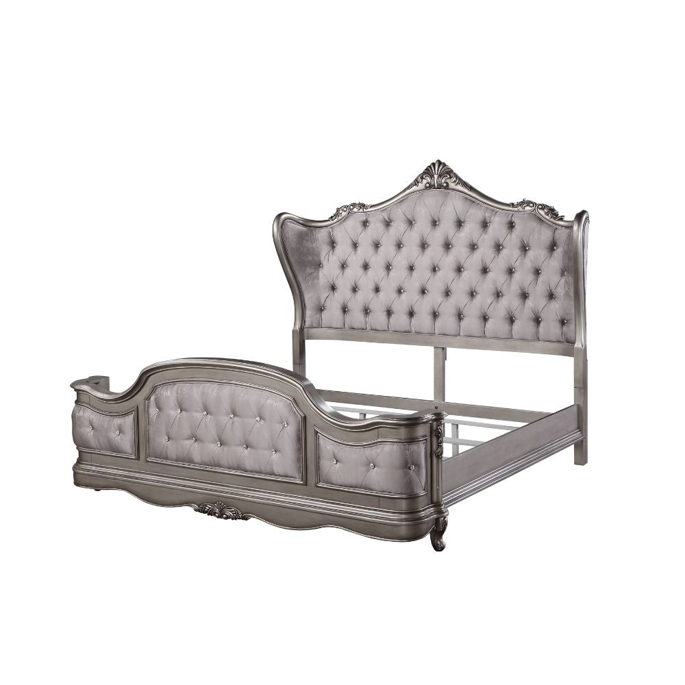 Ludhiana Ariadne CK Antique Platinum Velvet Upholstered Bed – Vintage Rococo Design with Crystal Tufting