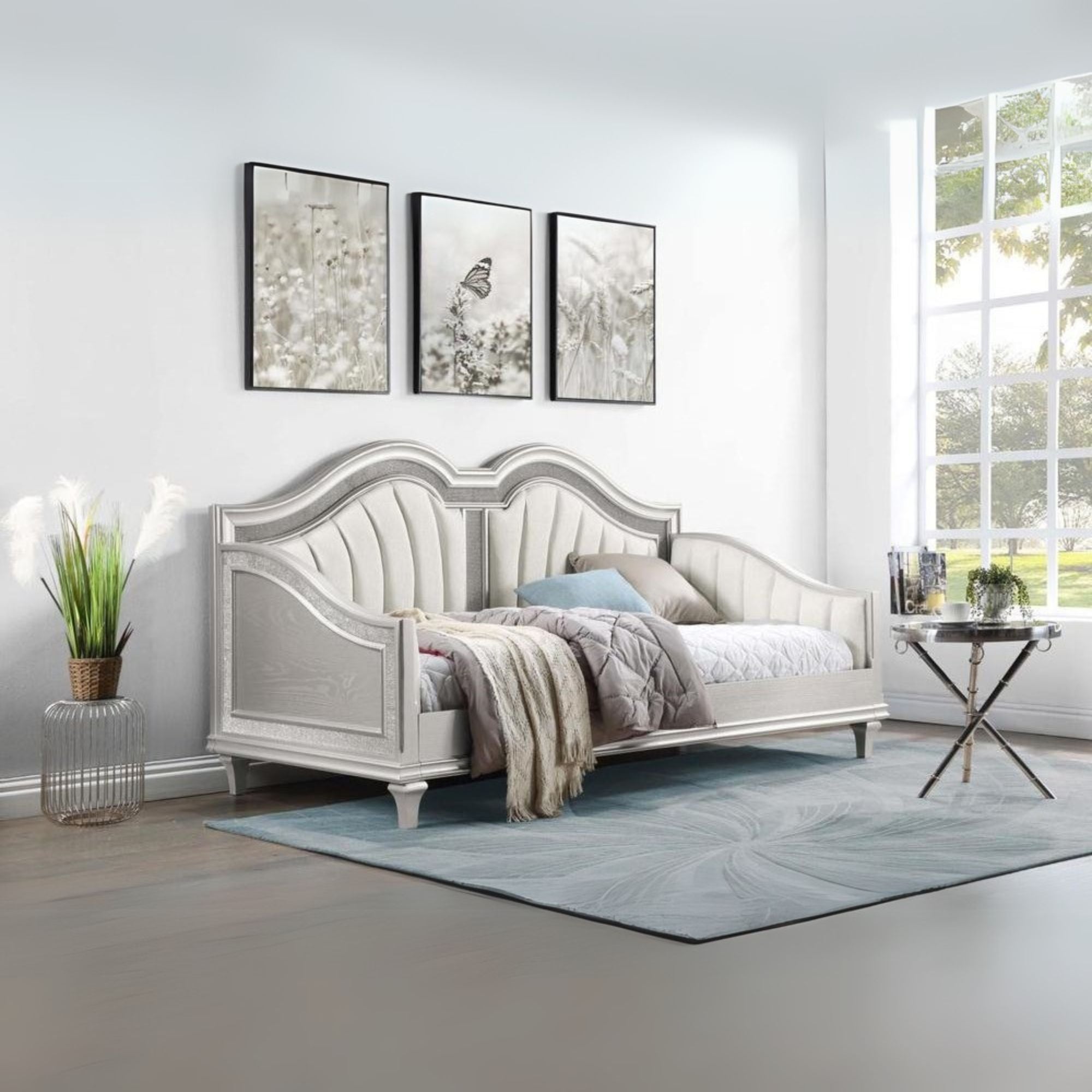 Bartow Evangeline Twin Silver Ivory Upholstered Daybed – Curved Style with Faux Diamond Trim