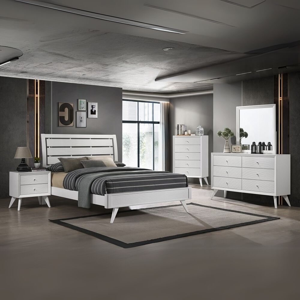 Monka Acme Cerys Eastern King White Finish Wood Bed Frame – Contemporary Platform Bed with Tapered Legs
