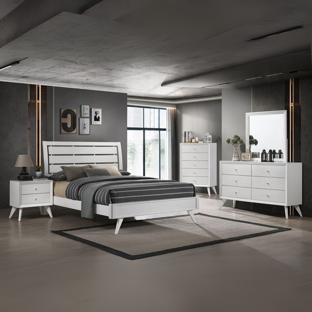 Barashi Cerys Queen White Wood Panel Bed – Modern Transitional Style with Slatted Headboard