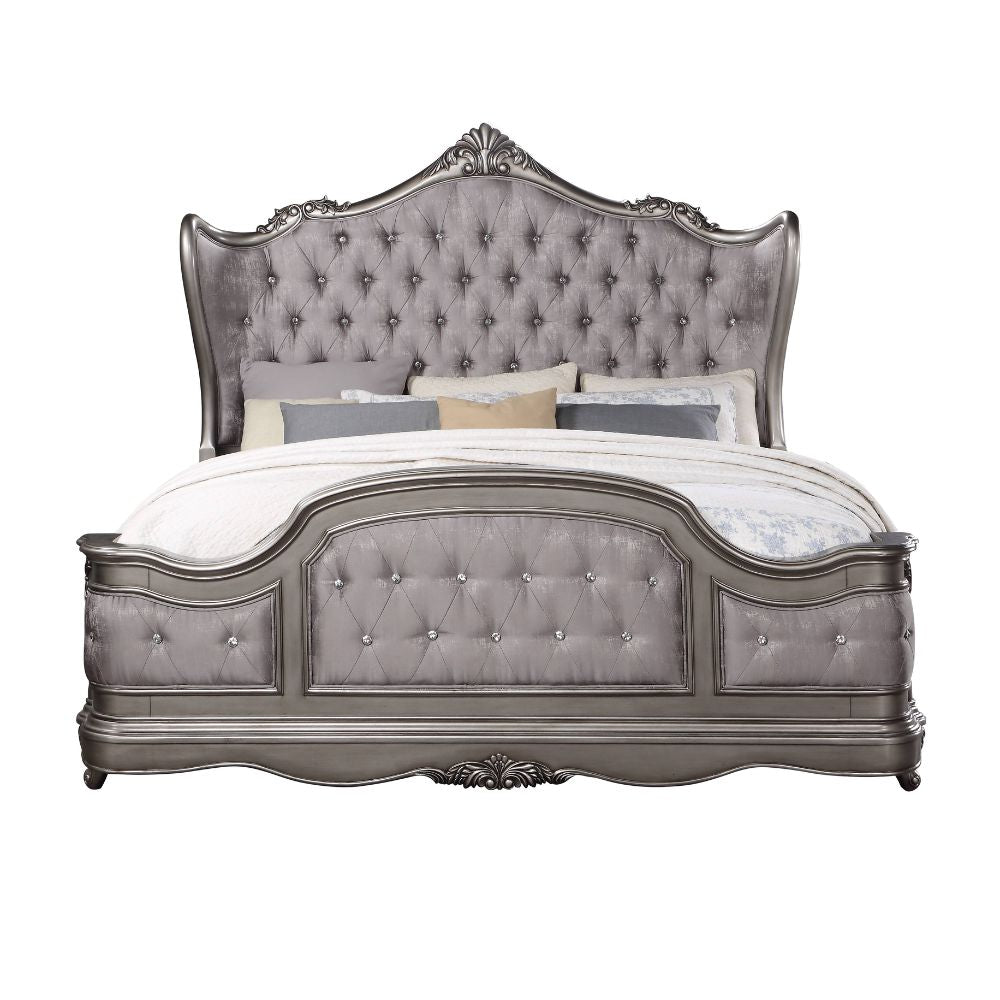 Scalera Queen Antique Platinum Velvet Platform Bed – Rococo Style Crystal Button Tufted Headboard