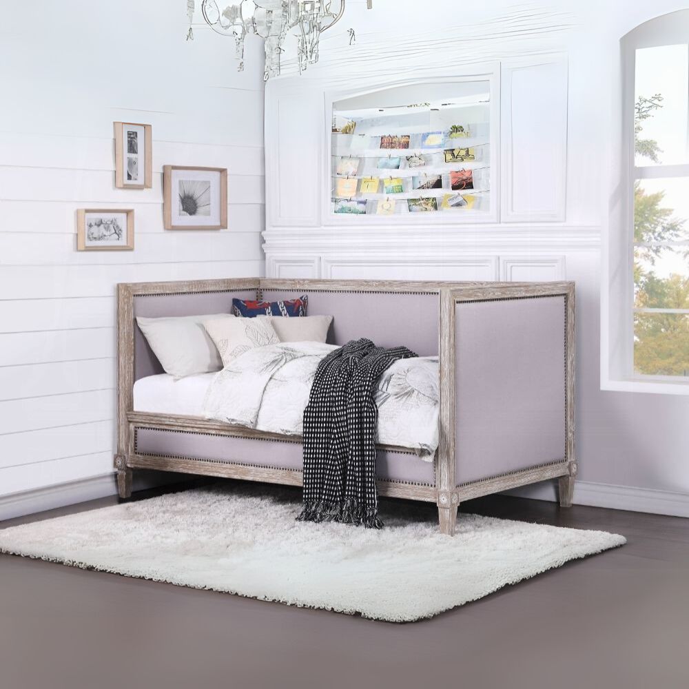Ashanka Charlton Twin Weathered Oak Wood Daybed – Rustic Slatted Frame Design