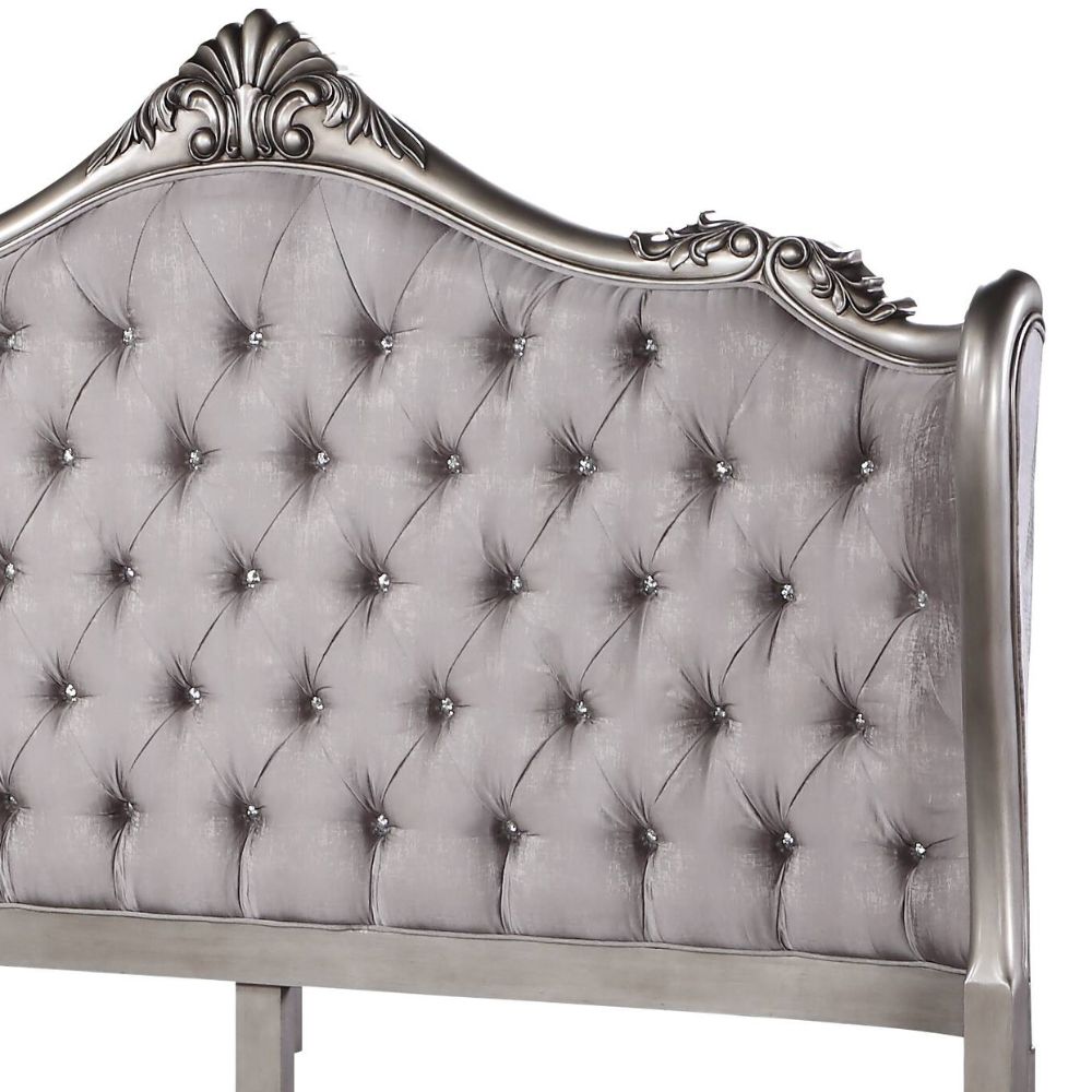 Ludhiana Ariadne CK Antique Platinum Velvet Upholstered Bed – Vintage Rococo Design with Crystal Tufting