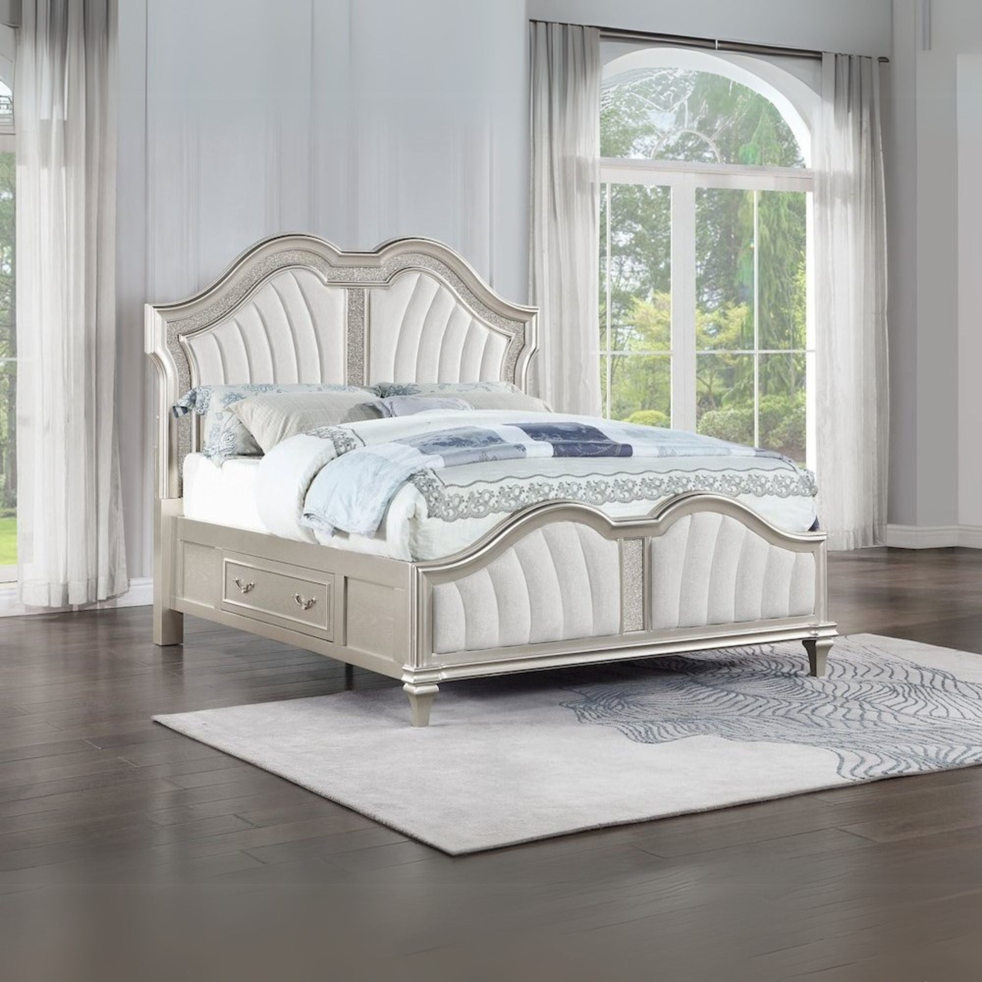 Caiman Evangeline California King Silver Oak LED Storage Panel Bed – Modern Glam Style with Side Drawers