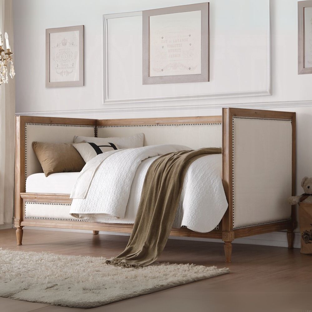 Rahan Charlton Twin Upholstered Daybed Cream Linen & Salvage Oak Wood