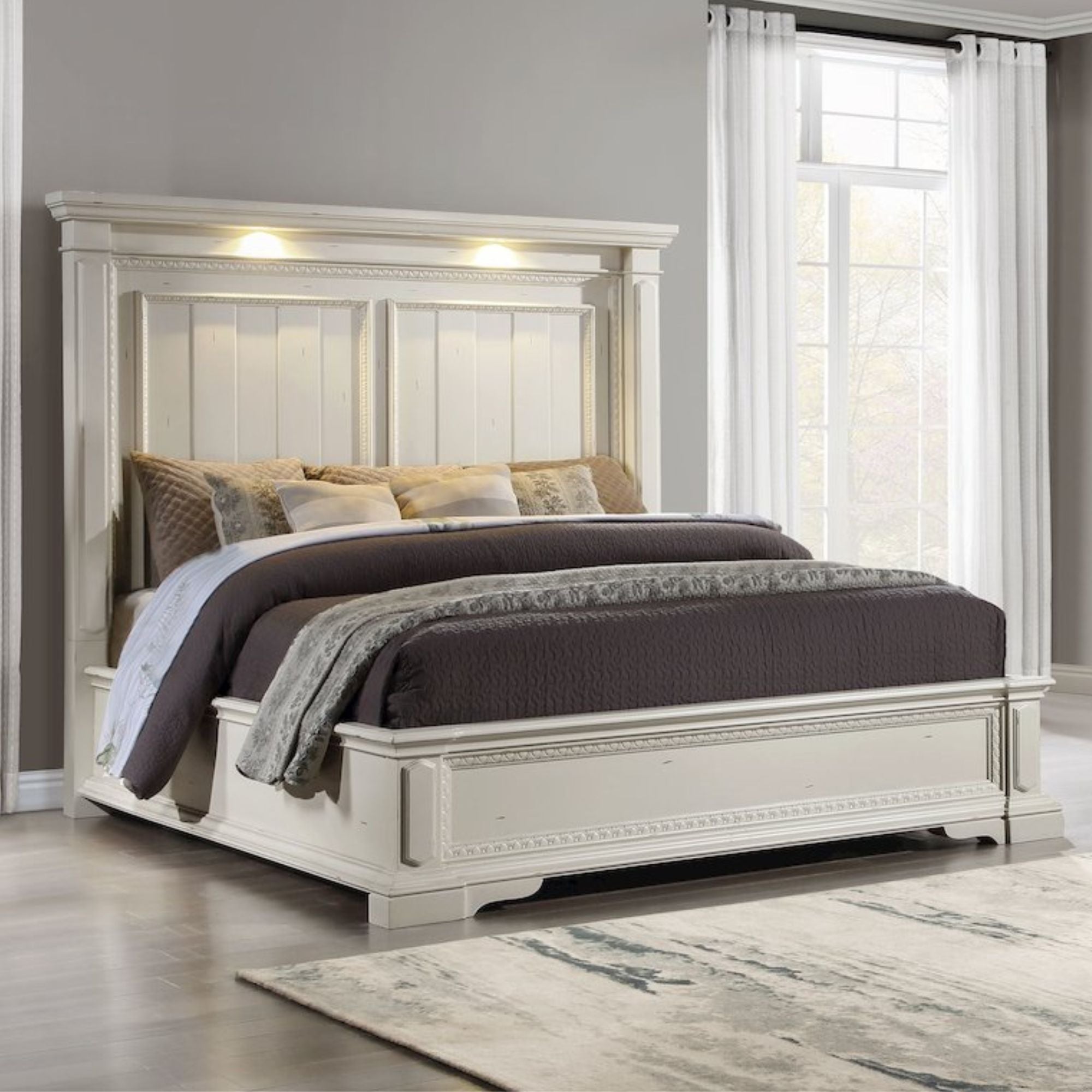 Aubree Evelyn Queen Panel Bed Antique White Wooden – Traditional LED Reading Light Headboard