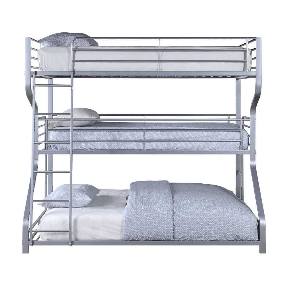 Caius II Full/Twin/Queen Silver Metal Bunk Bed – Triple-Layer Industrial Frame