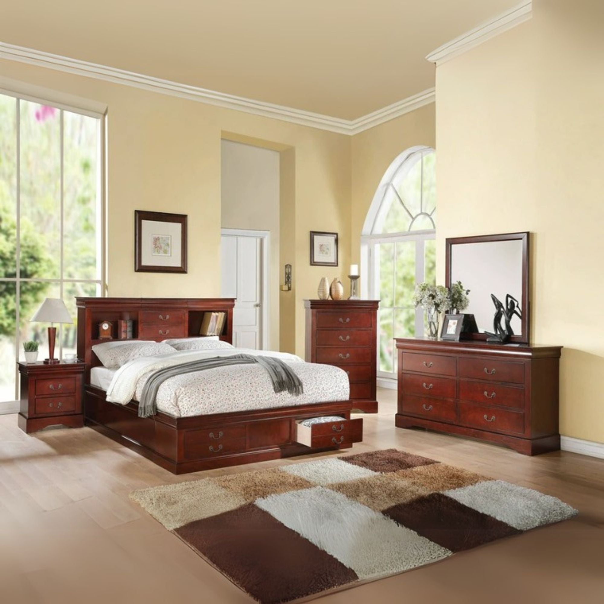 Tiern Louis Philippe III Queen Bed in Cherry – Traditional Sleigh Design with Footboard Storage
