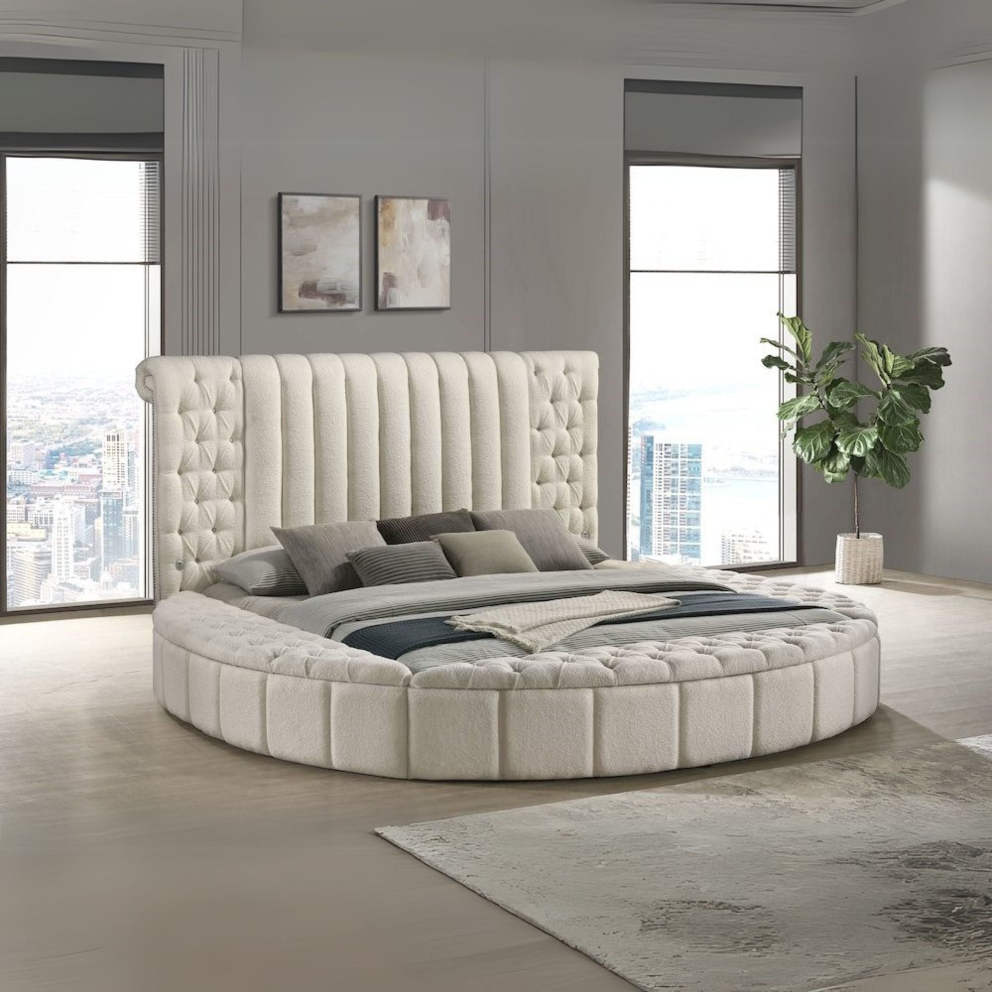 Juvanth Sonya Queen Ivory Upholstered Storage Bed – Round Headboard, Modern Design