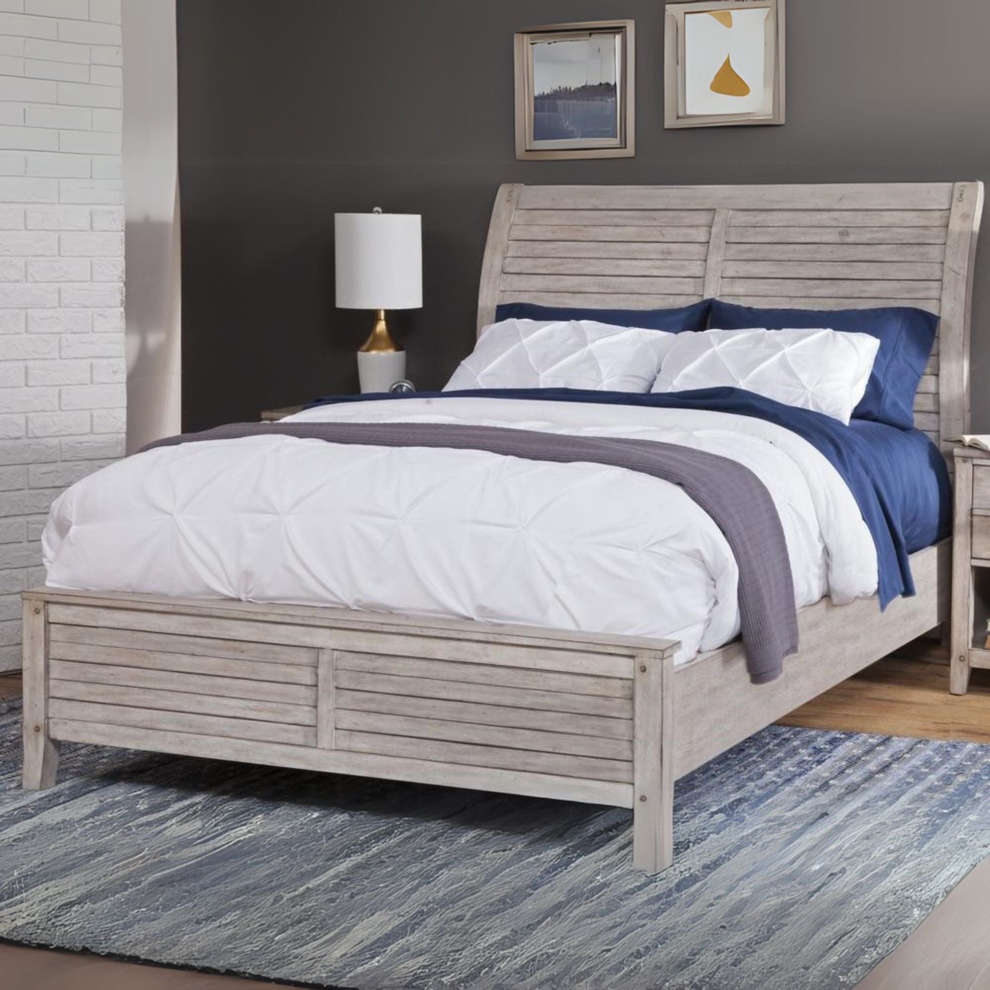 Bobbi Aurora Queen Whitewash Wood Sleigh Bed – Classic Panel Footboard Design