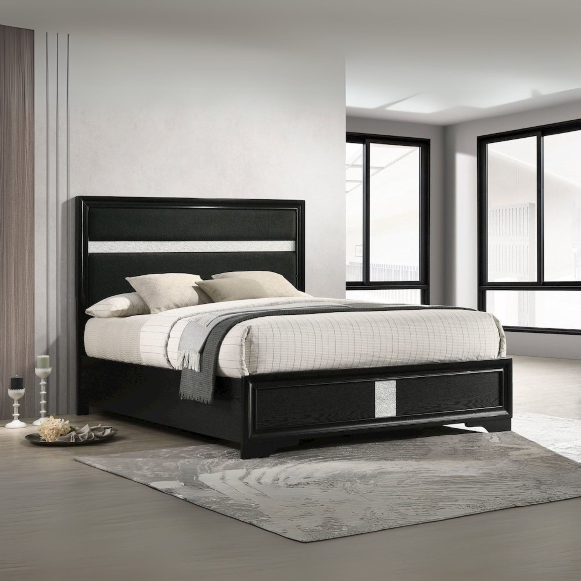 Jona Miranda California King Black Upholstered Panel Bed – Modern Tuxedo Style with Sparkling Trim