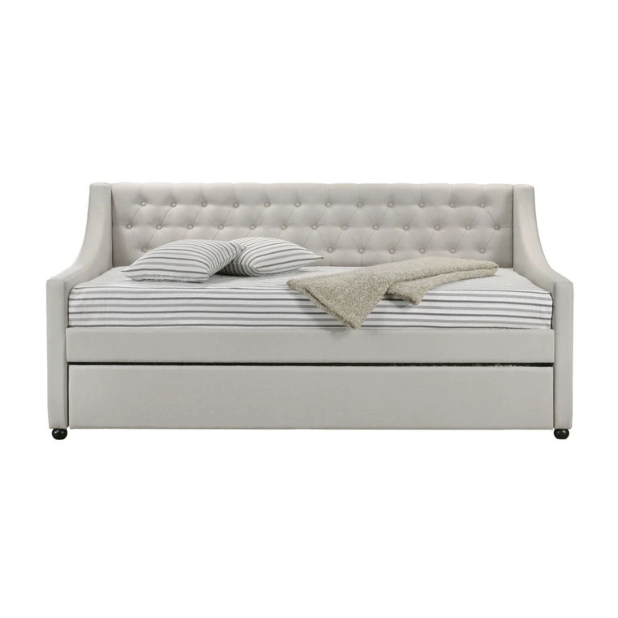 Terry Lianna Twin Fog Fabric Upholstered Daybed with Trundle – Traditional Button-Tufted Space-Saving Design