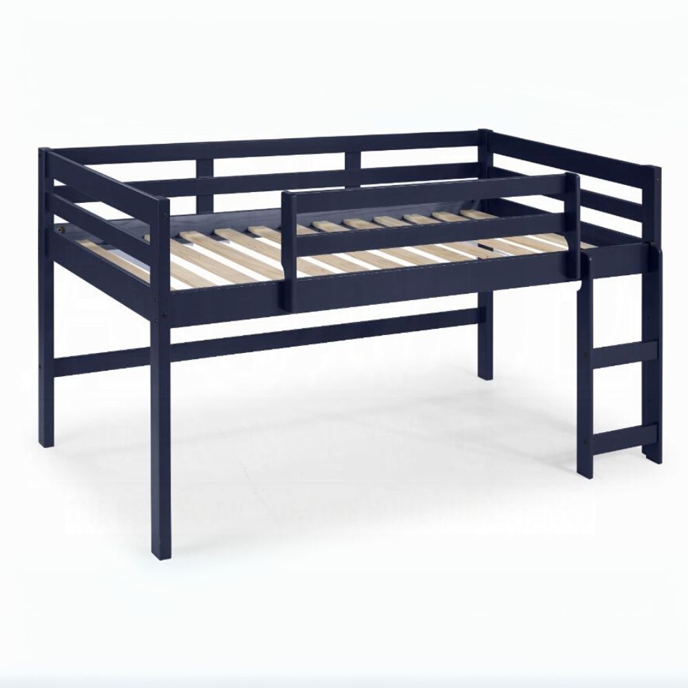 Aaron Lara Twin Size Navy Blue Loft Bed – Wooden Frame with Safety Rails & Ladder