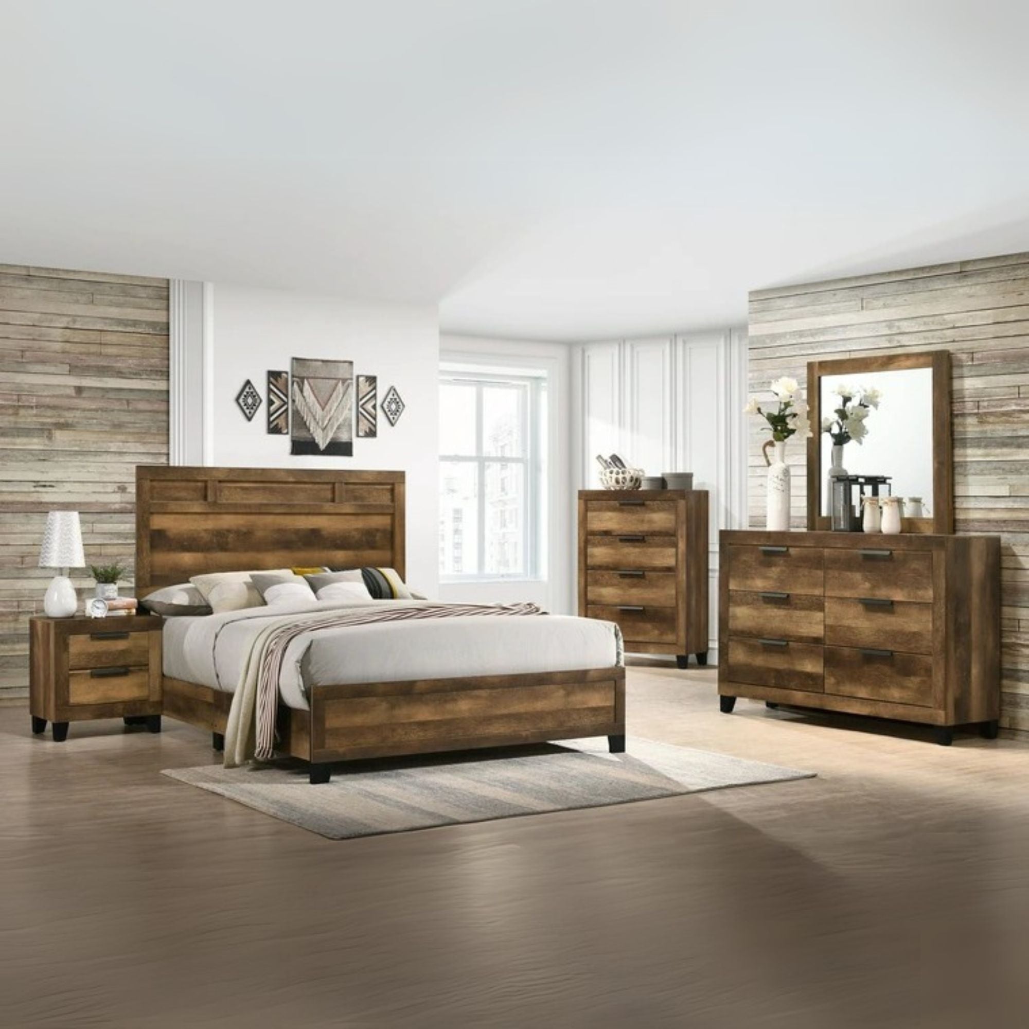 Stance Morales Eastern King Rustic Oak Wood Storage Panel Bed – Farmhouse Design with Footboard Drawers