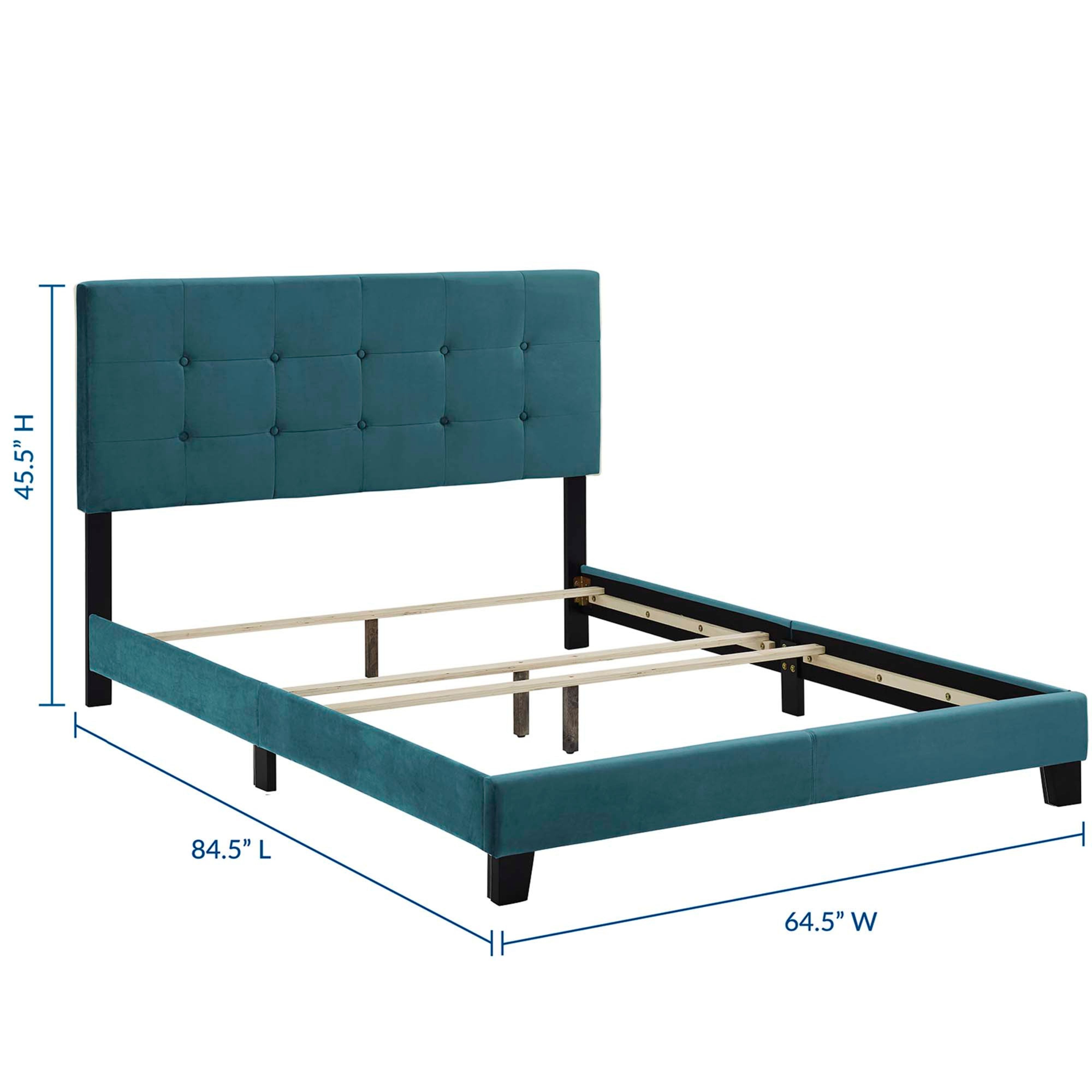 Maxwell Queen Sea Blue Performance Velvet Platform Bed – Button Tufted Headboard