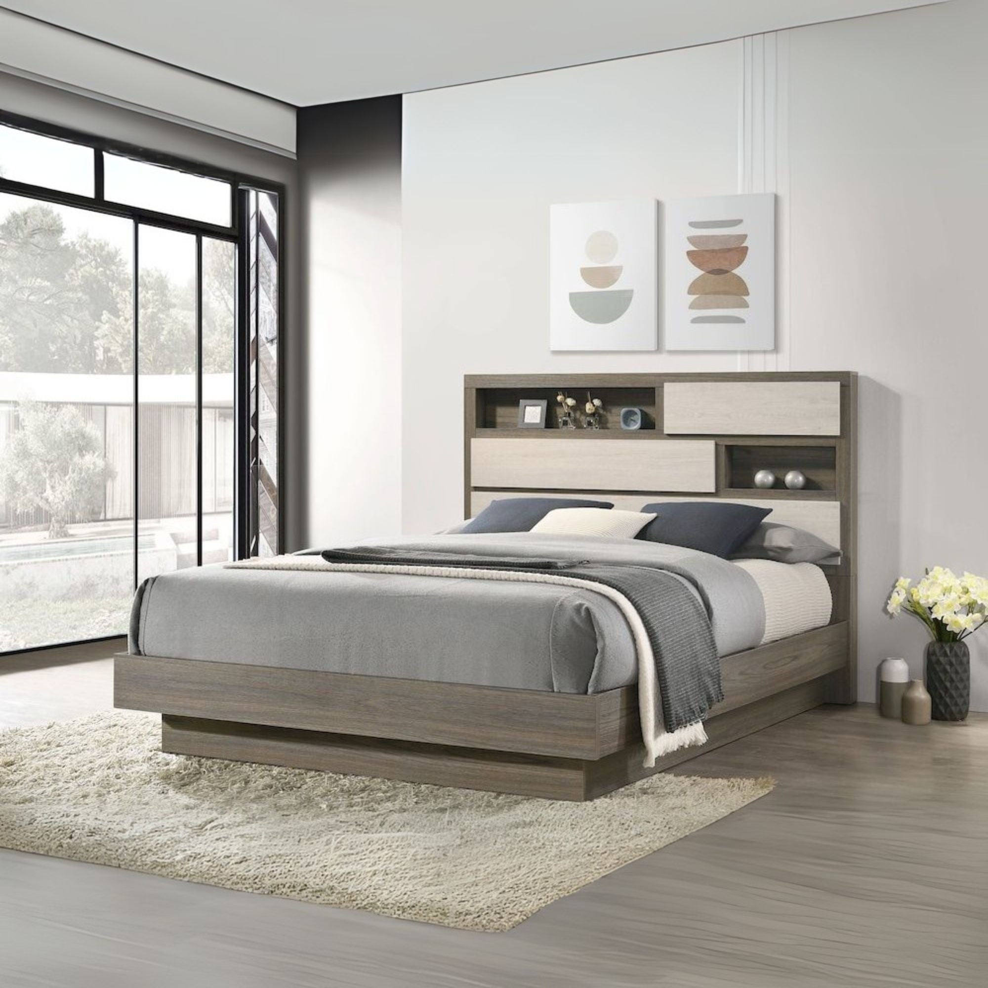 Rika Fenwick Eastern King Bed Grey Oak Wood – Bookcase Headboard Storage