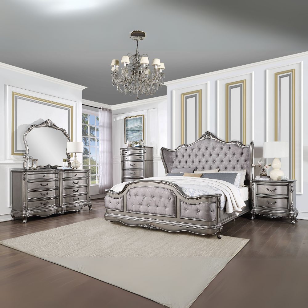 Scalera Queen Antique Platinum Velvet Platform Bed – Rococo Style Crystal Button Tufted Headboard