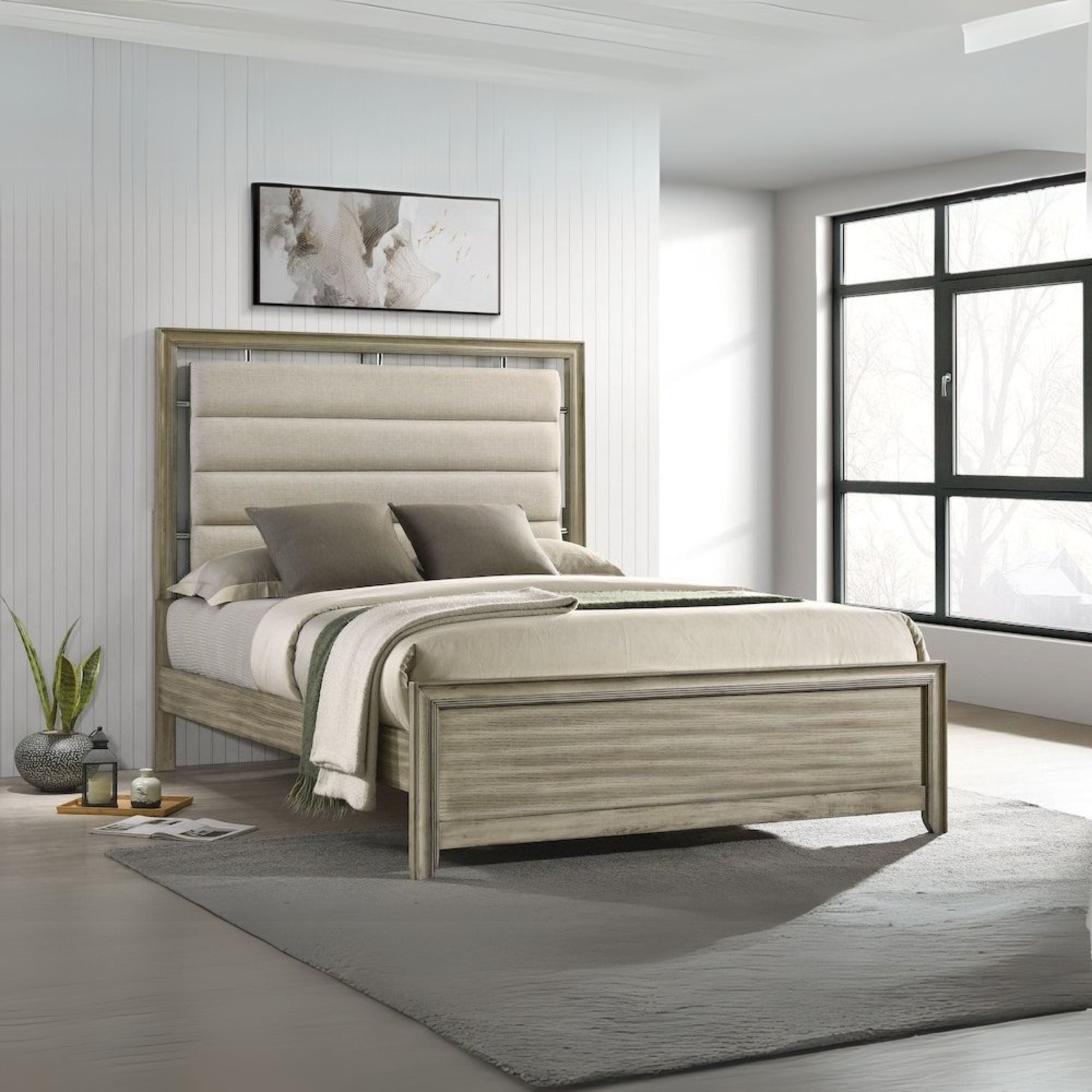 Kalliope Giselle Queen Rustic Beige Wood Panel Bed – Farmhouse Charm