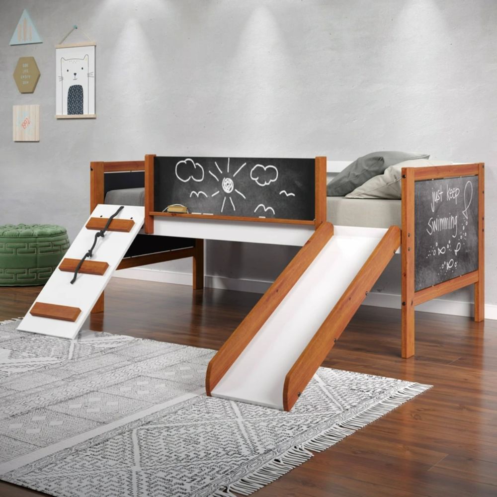 Victor Aurea Twin Cherry Oak White Wooden Loft Bed Kids Slide Bed with Chalkboard