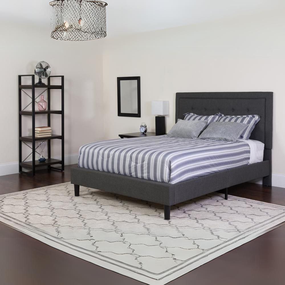 Marcy Queen Size Platform Bed Frame in Dark Grey Fabric with Headboard
