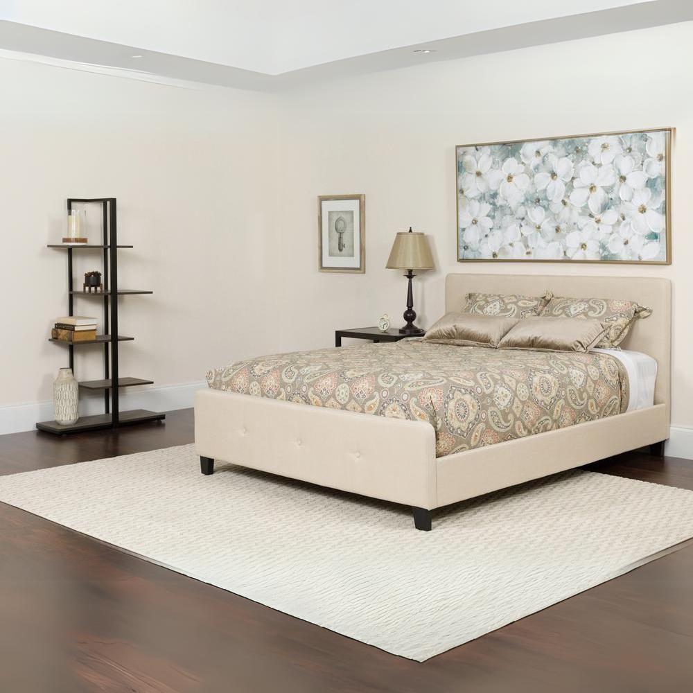 Queen Size Platform Bed in Beige Fabric with Pocket Spring Mattress