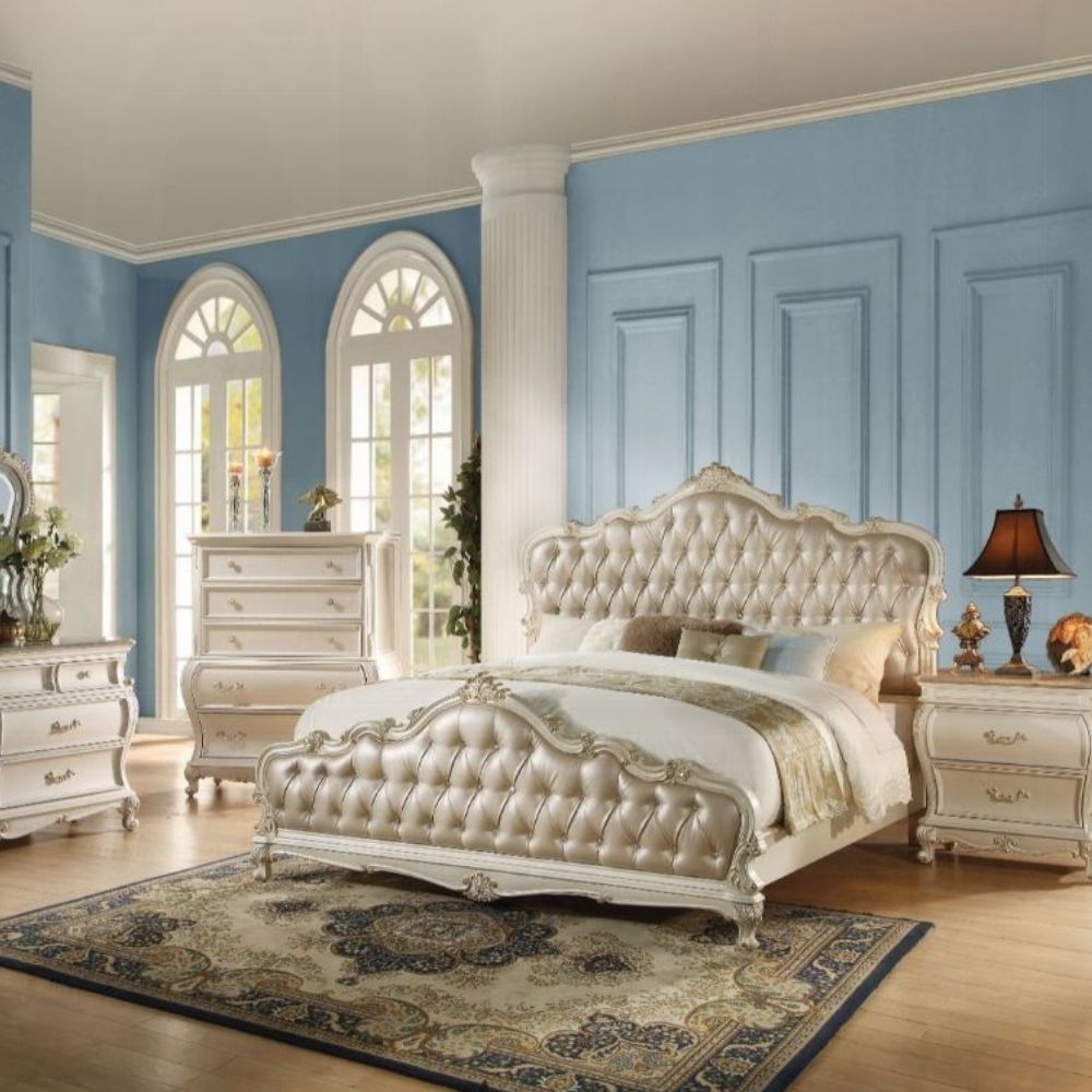 Rakoma Chantelle Queen Bed Rose Gold Synthetic Leather – Glam Pearl White Tufted Headboard