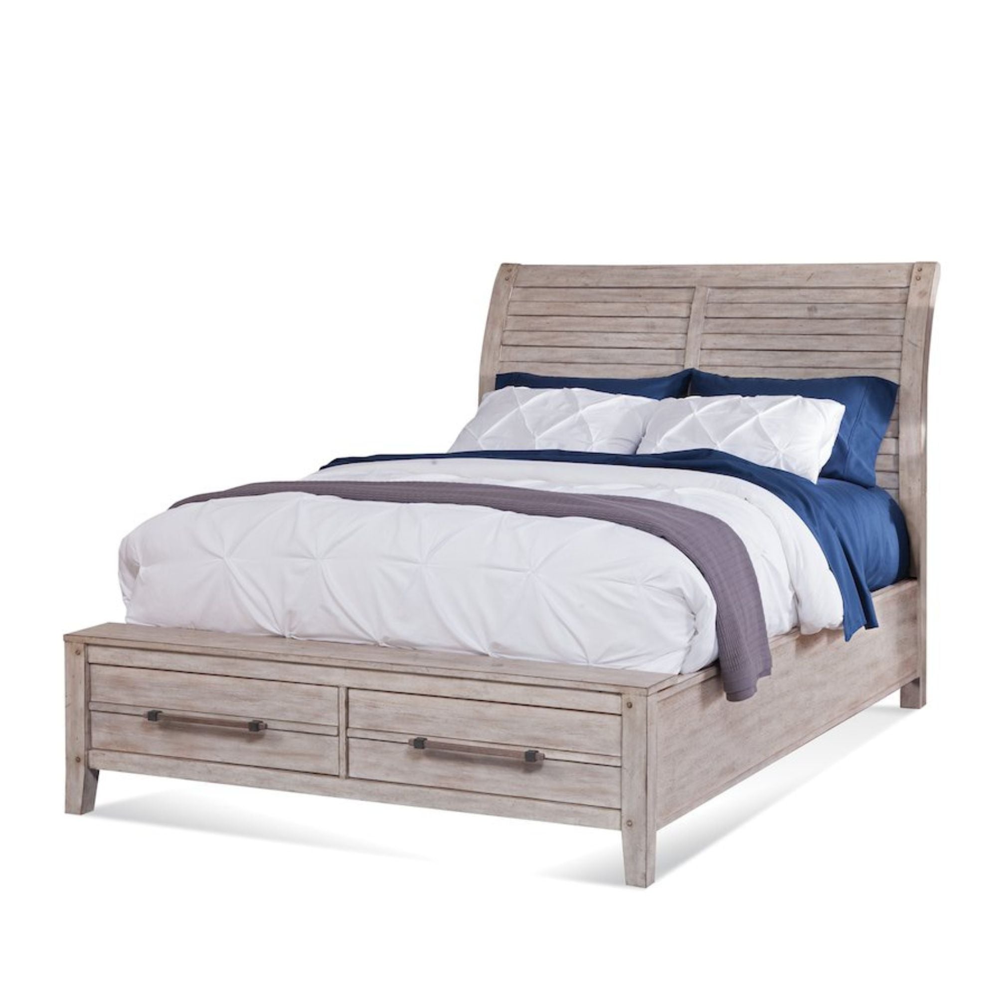 Round Aurora Queen Whitewash Wood Sleigh Bed – Rustic Style with Storage Footboard