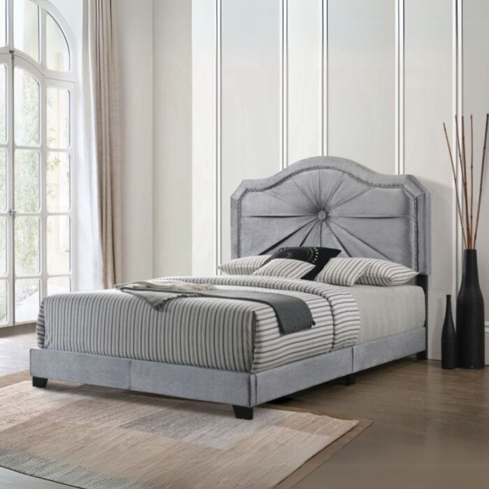 Mabel Frankie Queen Gray Velvet Upholstered Bed – Modern Channel-Tufted Headboard