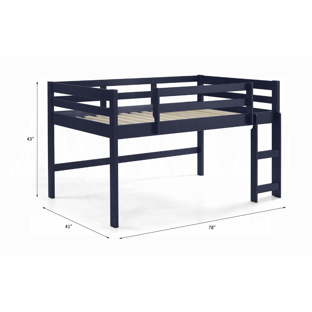 Aaron Lara Twin Size Navy Blue Loft Bed – Wooden Frame with Safety Rails & Ladder