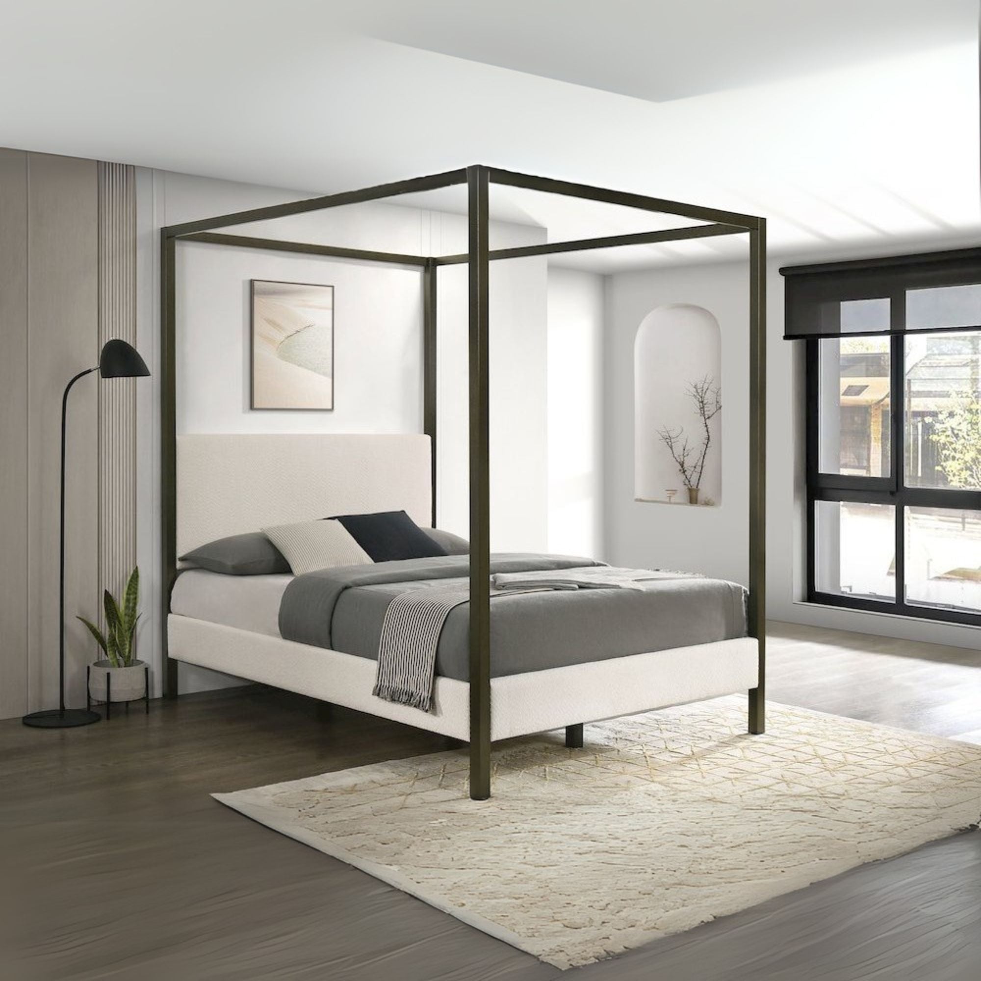 Sam Monroe Queen Vanilla Fabric Canopy Bed – Upholstered 4-Poster No Box Spring