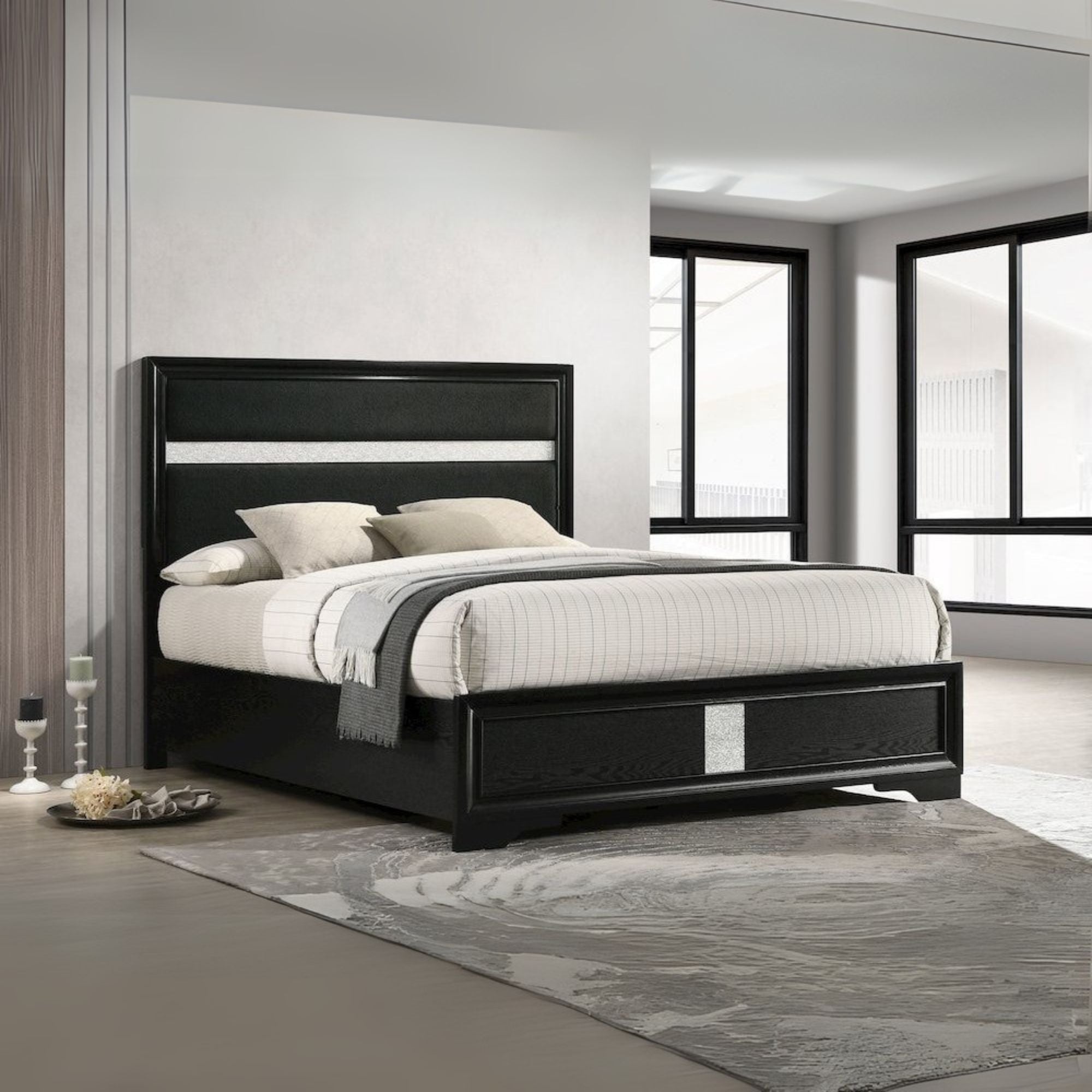 Bajaj Miranda Eastern King Black Upholstered Panel Bed Frame – Sophisticated Diamond-Like Trim Design