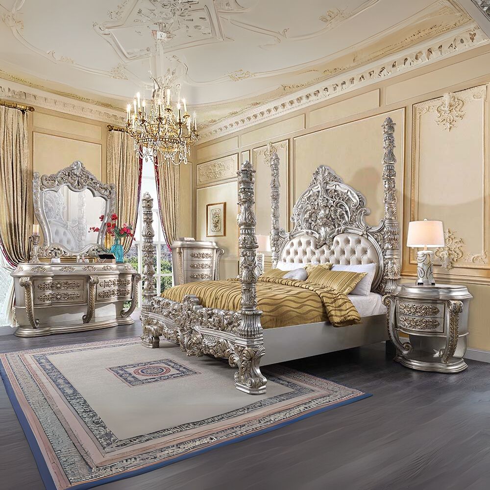 Victorian Danae Eastern King Champagne Gold Leather Bed – Glam Style with Tufted Headboard