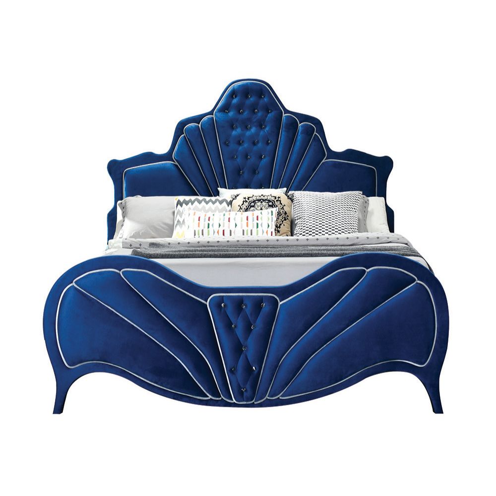 Mexi Dante Collection Queen Bed Blue Velvet – Contemporary Low-Profile Design
