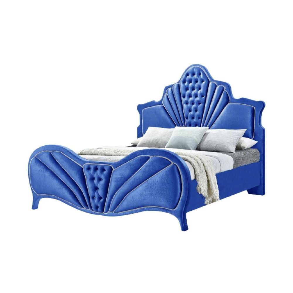 Sonu Dante Eastern King Bed Blue Velvet – Contemporary Upholstered Bed with Tufted Headboard