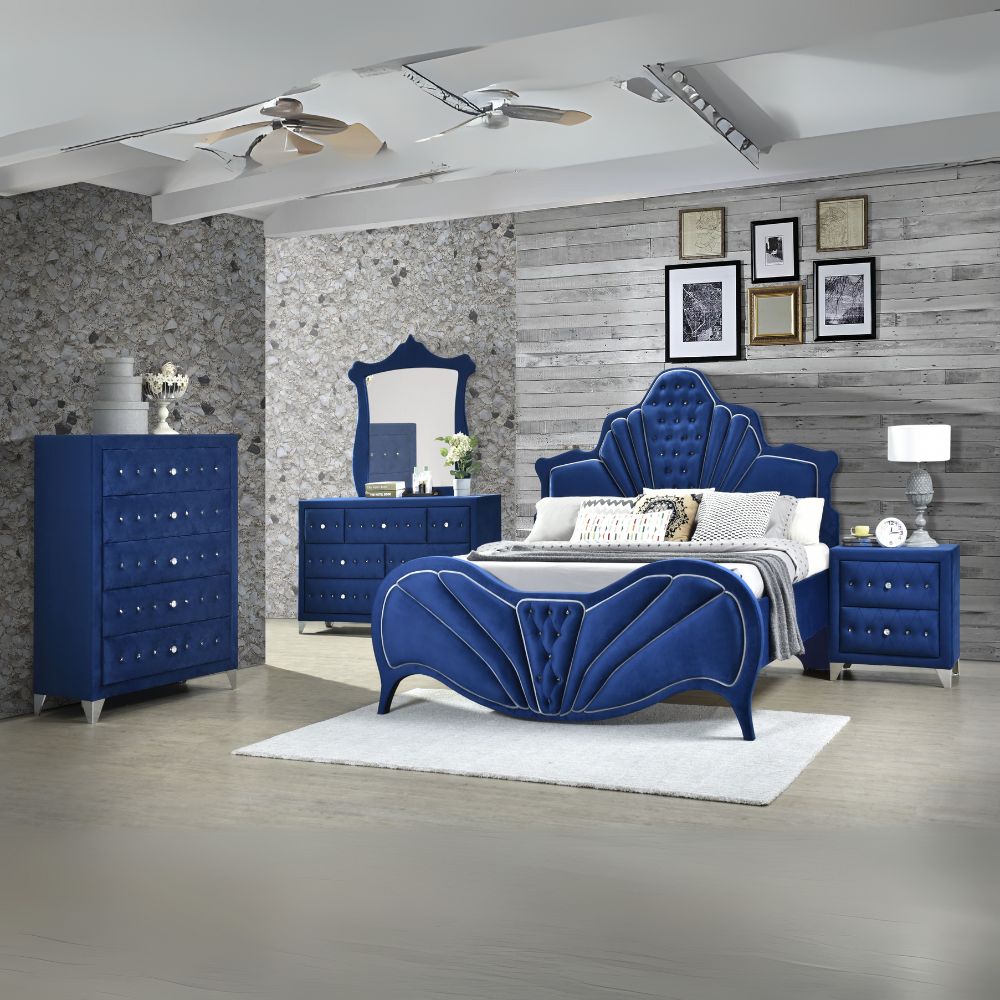 Mexi Dante Collection Queen Bed Blue Velvet – Contemporary Low-Profile Design