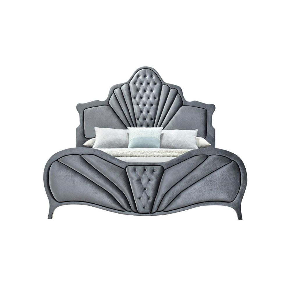 Julian Dante Gray Velvet Queen Bed – Upholstered Modern Design with Tufted Headboard