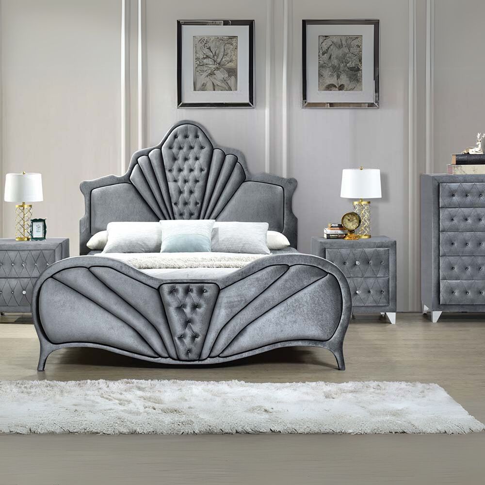 Milo Dante Collection Eastern King Bed – Gray Velvet Upholstery & Button Tufting