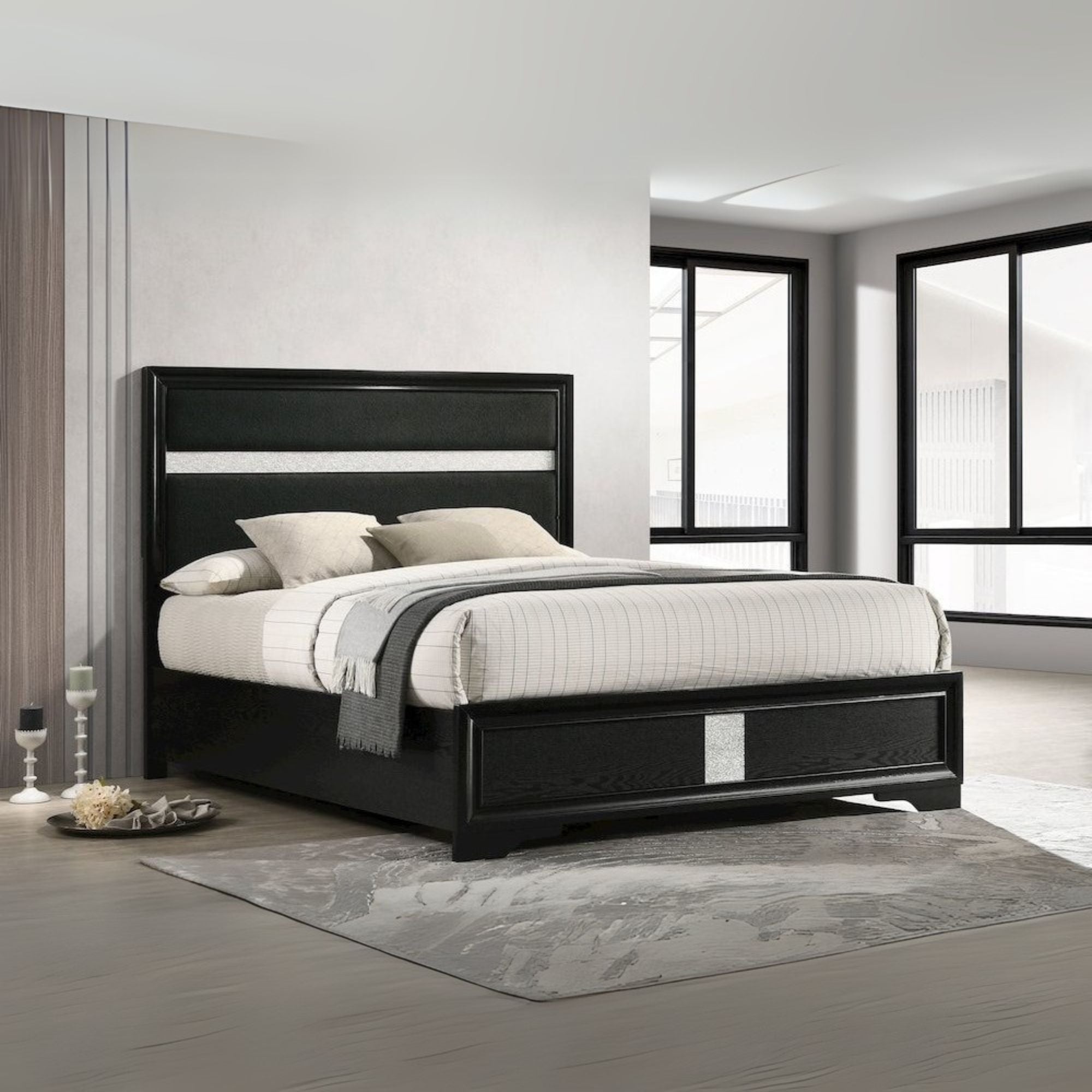 Hero Miranda 54-Inch Full Black Fabric Panel Bed – Contemporary Upholstered with Sparkling Trim