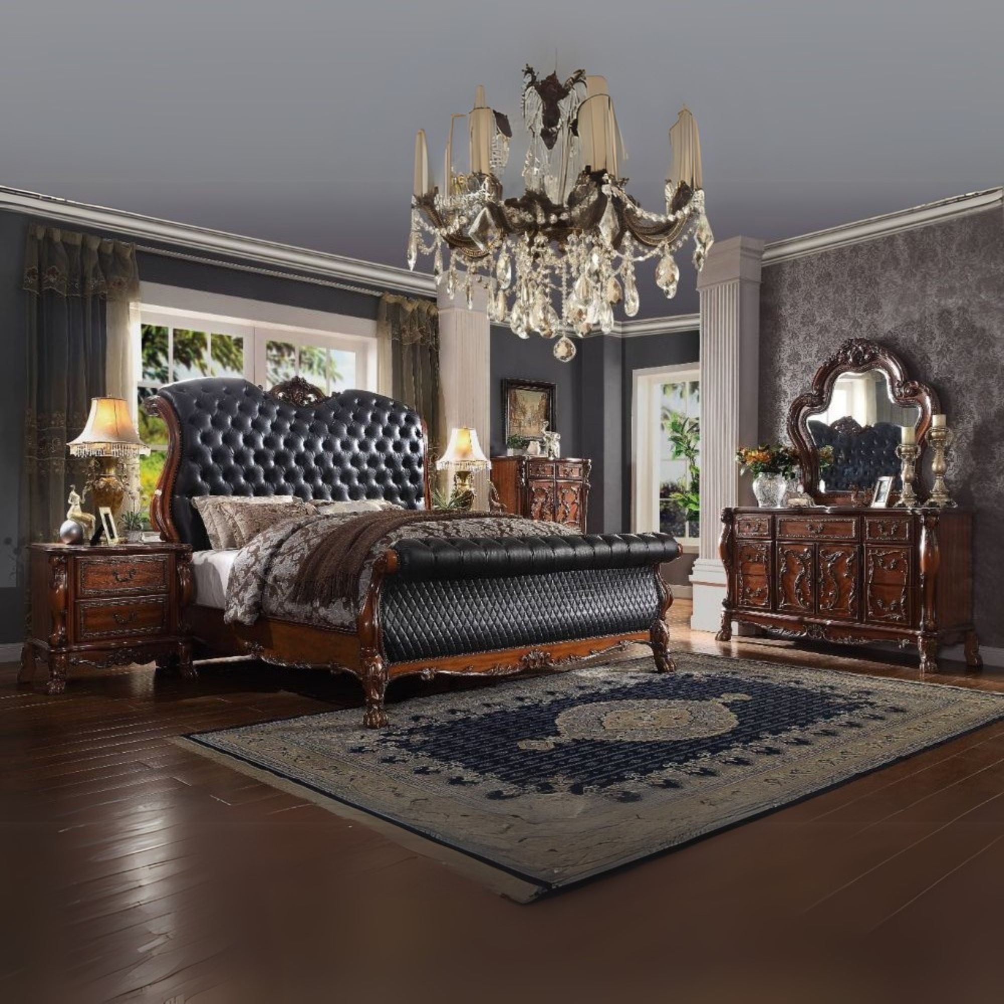 Landon Dresden Collection Queen Bed Brown – Ornate Carved Wood & Faux Leather Headboard