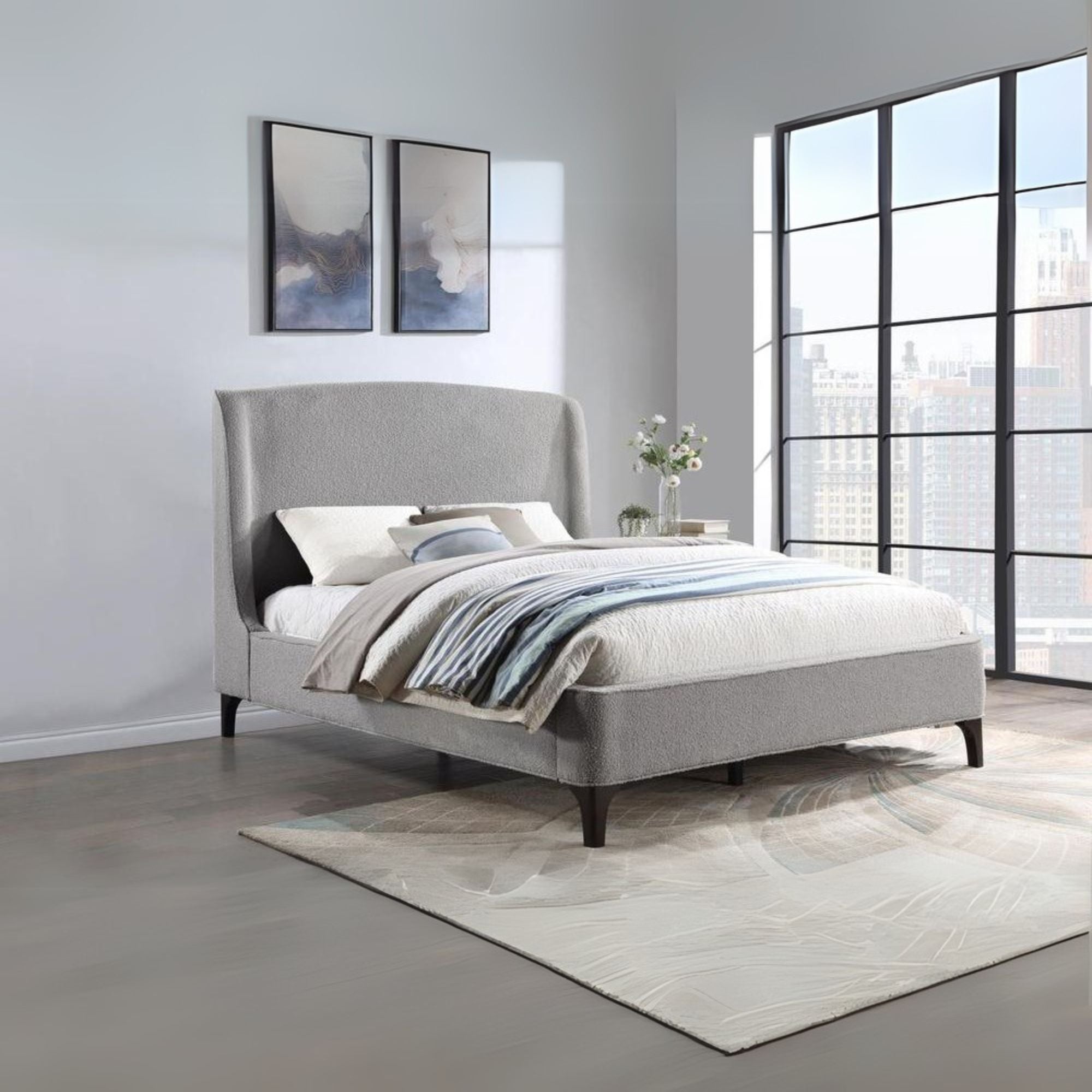 Nexi Mosby Queen Light Grey Boucle Platform Bed – Curved Upholstered Headboard Modern Style